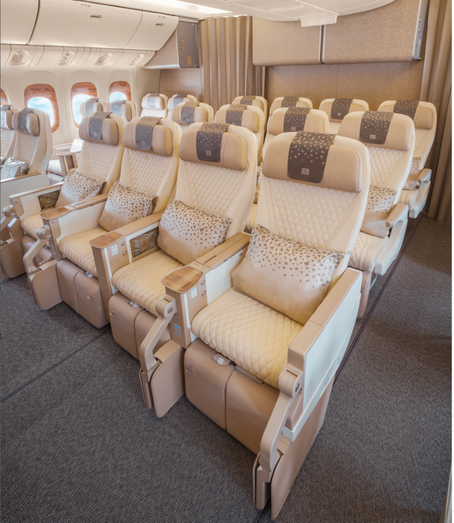 Emirates premium economy, row of seats. 